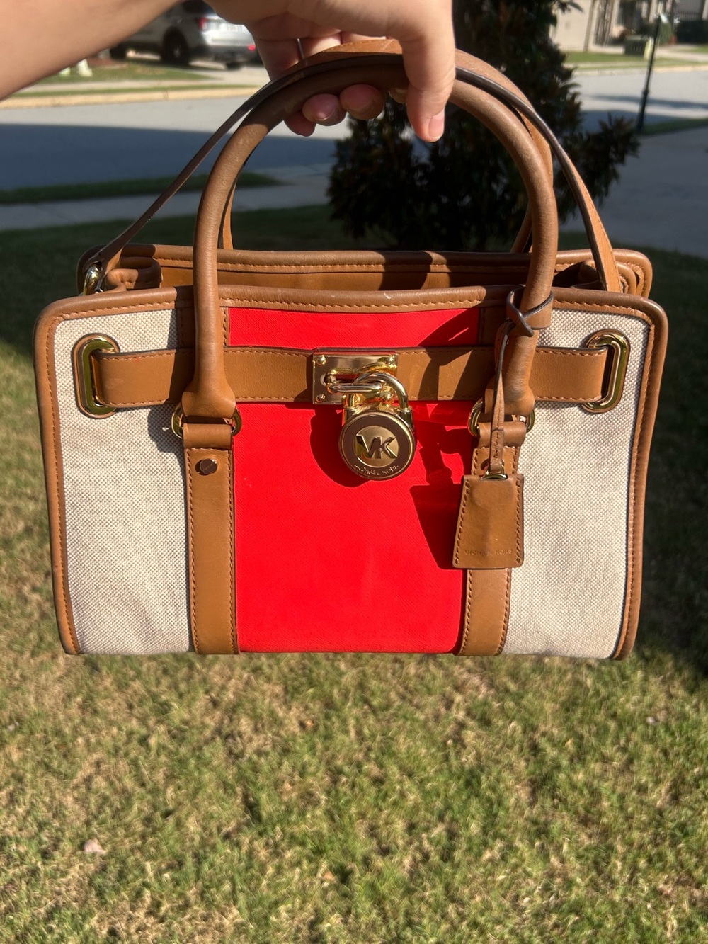 MICHAEL Michael Kors Hamilton Colorblock Canvas Leather Satchel Red Tan